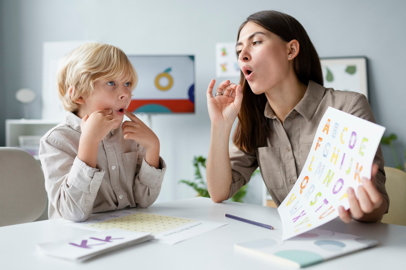 Woman Doing Speech Therapy With Little Blonde Boy Scaled 1